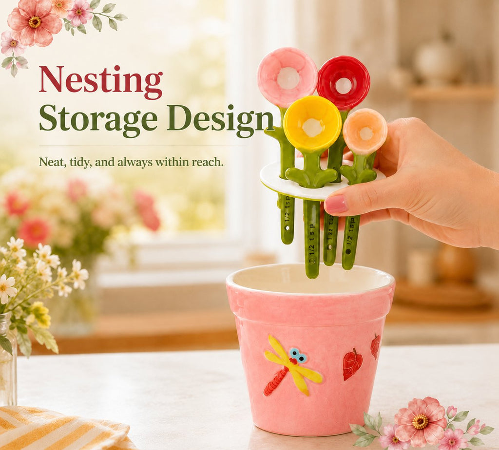🌸 Flower Pot Ceramic Measuring Spoon Set 🥄