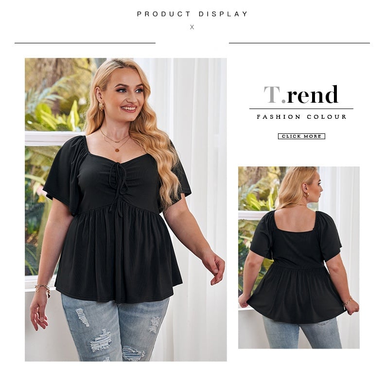 Plus Size Black Summer Peplum Top - Flowy Ruched Drawstring Blouse