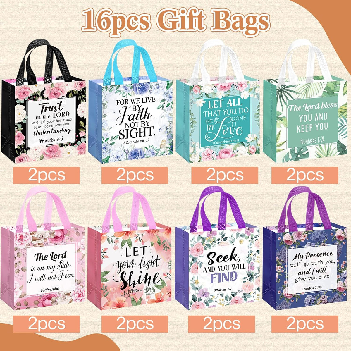 16 Pcs Floral Bible Verse Tote Bags with Handles - Reusable Fabric Gift Bags for Christian Baptism, Wedding, And Birthday