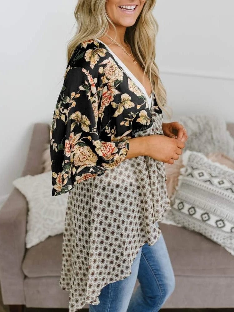 Women's Floral Kimono Ruffle Sleeve Tie Cardigans Flowy Boho Loose Cover Ups