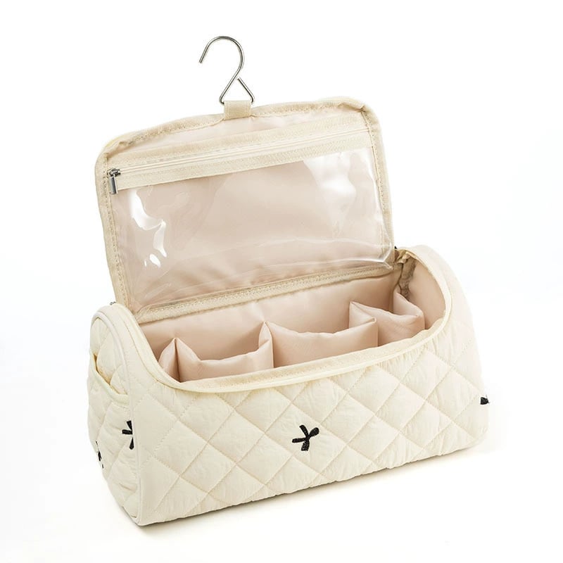 Large Capacity Quilted Travel Organizer – Hair Dryer & Cosmetic Storage Case with Multi-Pockets