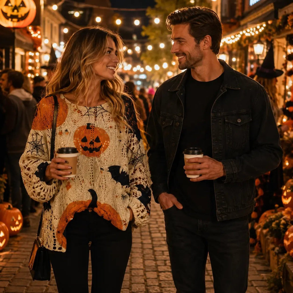 Halloween Themed Knit Pullover, Long Sleeve Soft Casual Fall Sweater for Women