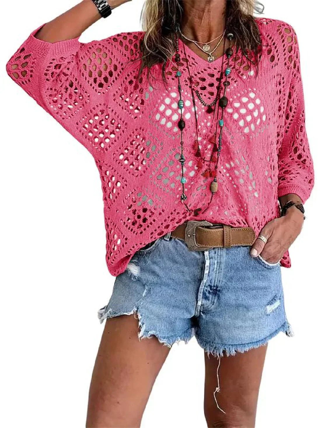 💥Hot Sales-49% OFF🔥Womens Bohemian-Inspired Beige Crochet Top with V-Neck | 11 Colors | S to 5XL