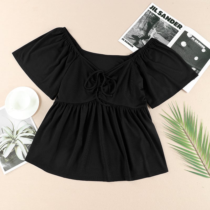 Plus Size Black Summer Peplum Top - Flowy Ruched Drawstring Blouse