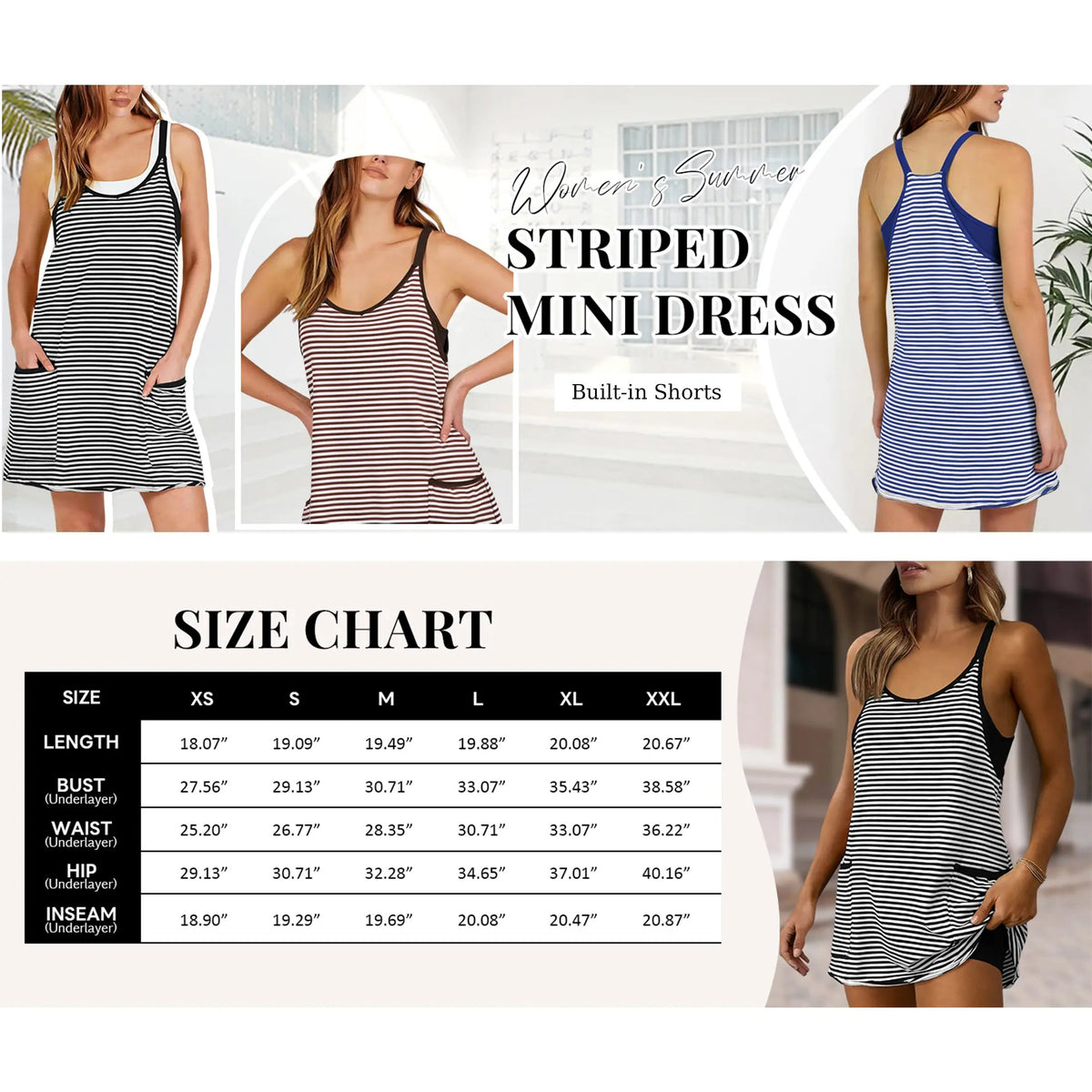 Women's Summer Sleeveless 4th Of July Striped Mini Dress with Built-in Shorts V Neck