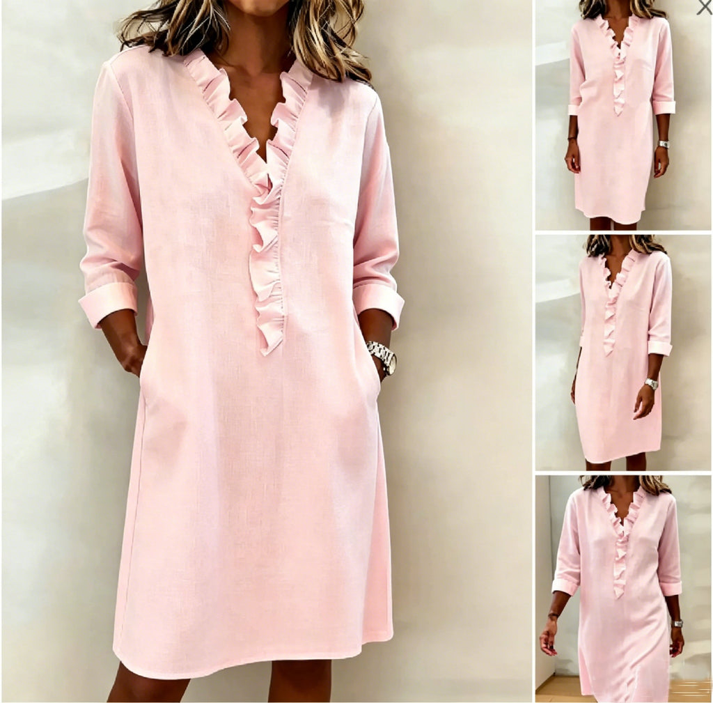🌓Last Day 49% OFF- Solid-Color Dress with Ruffled V-Neck