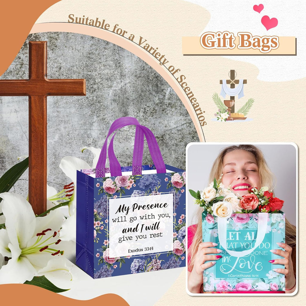 16 Pcs Floral Bible Verse Tote Bags with Handles - Reusable Fabric Gift Bags for Christian Baptism, Wedding, And Birthday