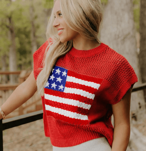 Women's Loose Fit American Flag Pattern Short Sleeve Knit Top – Patriotic Casual Summer Tee for 4th of July, Memorial Day, or Everyday Wear