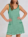 Women's Summer Sleeveless 4th Of July Striped Mini Dress with Built-in Shorts V Neck