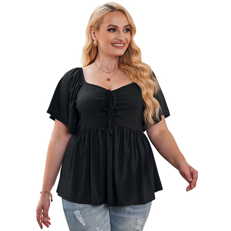 Plus Size Black Summer Peplum Top - Flowy Ruched Drawstring Blouse