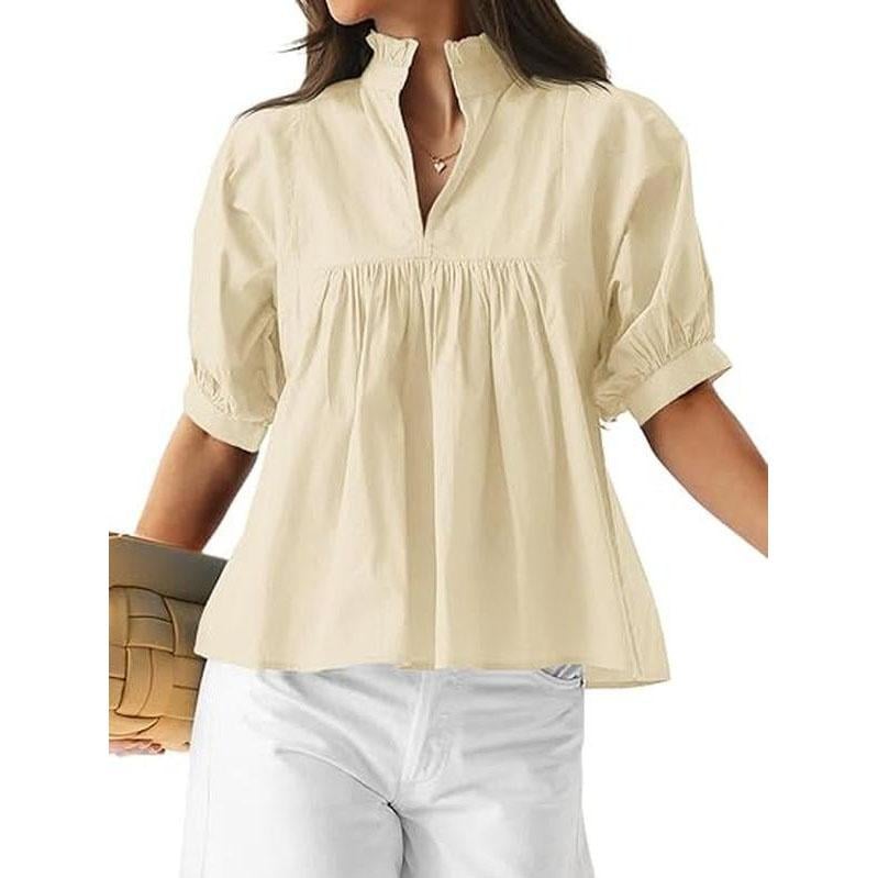 ✨Womens V Neck Puff Sleeve Blouse Babydoll Peplum Tops Dressy Casual Pleated Loose Fit Shirts💕
