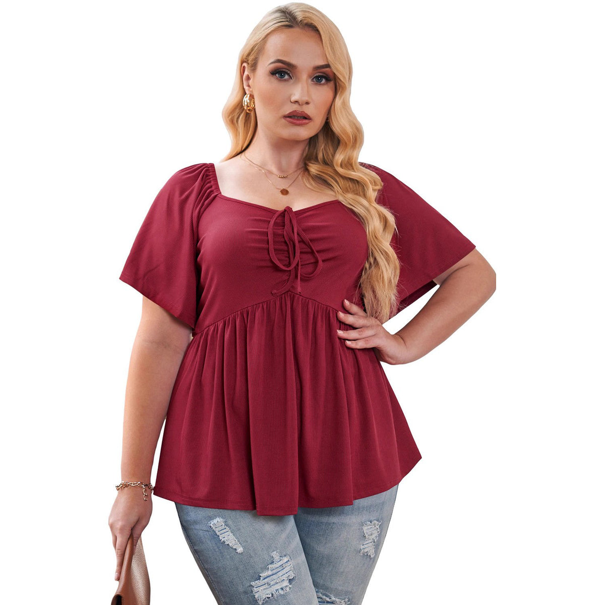 Plus Size Black Summer Peplum Top - Flowy Ruched Drawstring Blouse