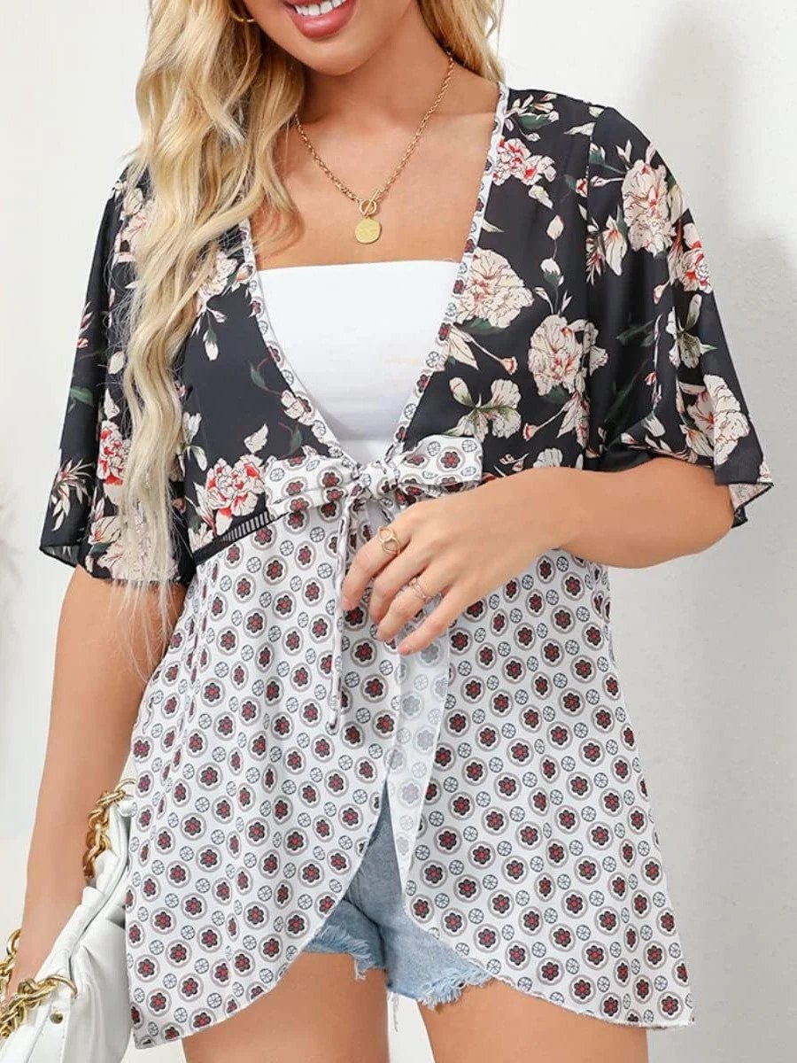 Women's Floral Kimono Ruffle Sleeve Tie Cardigans Flowy Boho Loose Cover Ups